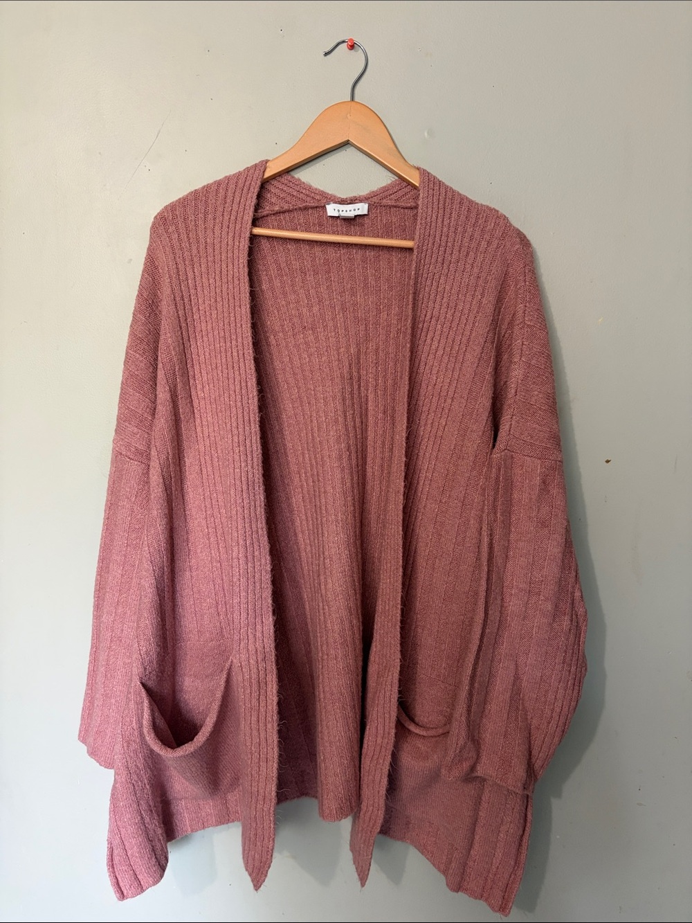 Topshop Dusty Rose Open-Front Ribbed Cardigan